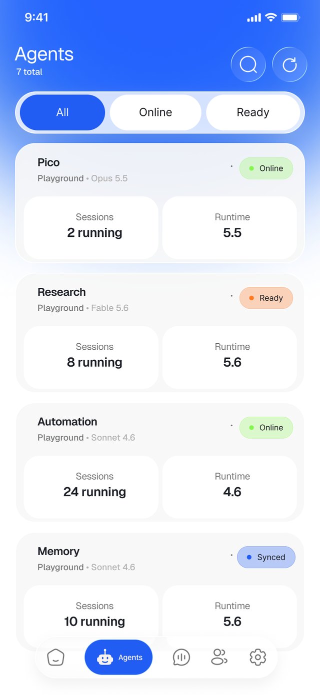 Agents list with All, Online and Ready filters; each agent card shows its model, status, running sessions and runtime
