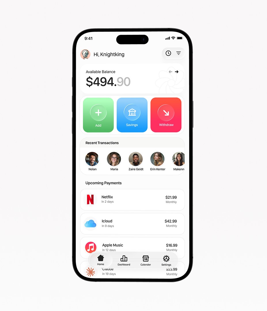 Finance app: available balance, Add, Savings and Withdraw actions, recent transactions and upcoming payments, shown in light and dark mode