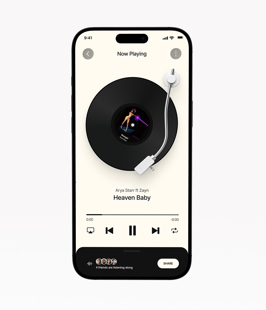 Music player with a vinyl turntable, tonearm, playback controls and friends listening along