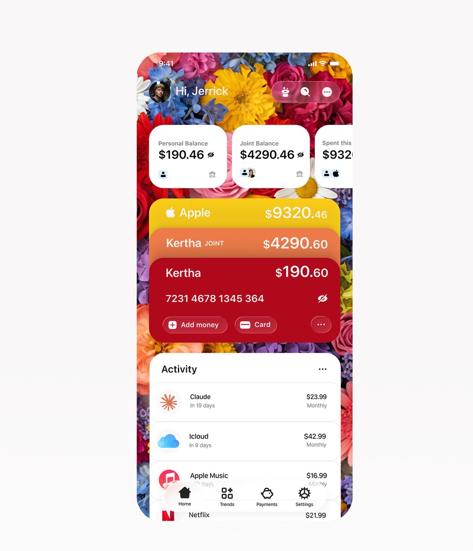 Fintech app home over a bright flower background: personal and joint balances, stacked colour-coded account cards, and upcoming subscription payments