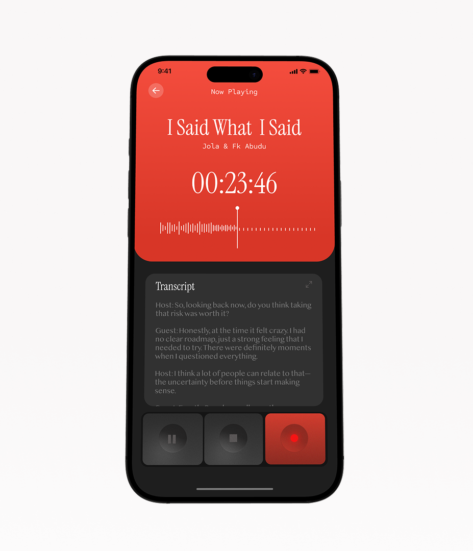 Podcast recorder app showing a now-playing timer, waveform and live transcript