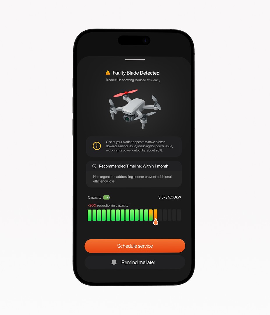 Drone app alert: faulty blade detected, capacity meter showing a 20 percent drop and a Schedule service button