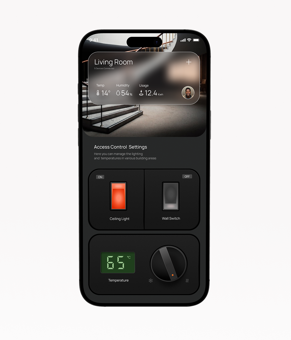 Smart home app with tactile light switches and a temperature dial