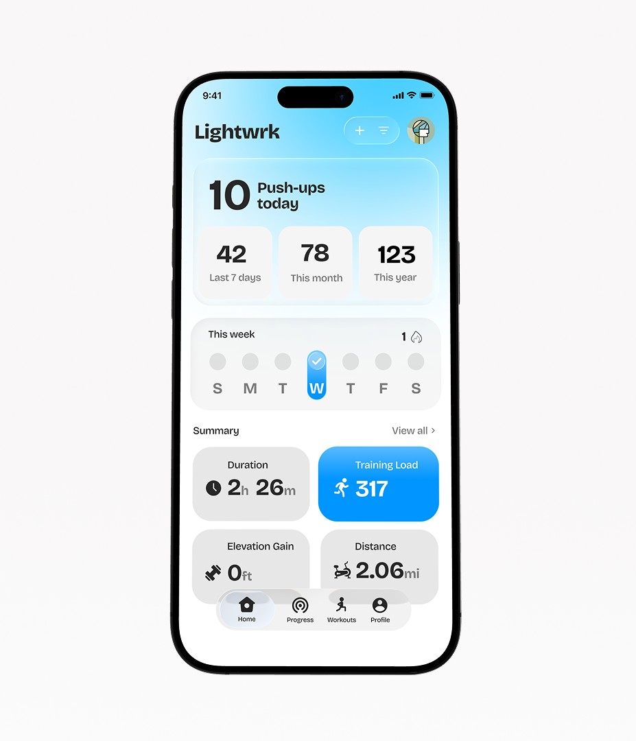 Lightwrk fitness app: push-ups today, weekly streak and training summary, shown in light and dark mode