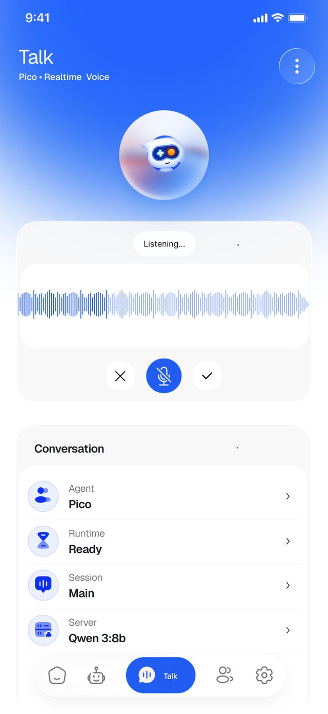 Talk screen with a glowing agent avatar, a live voice waveform, and conversation details for agent, runtime, session and server