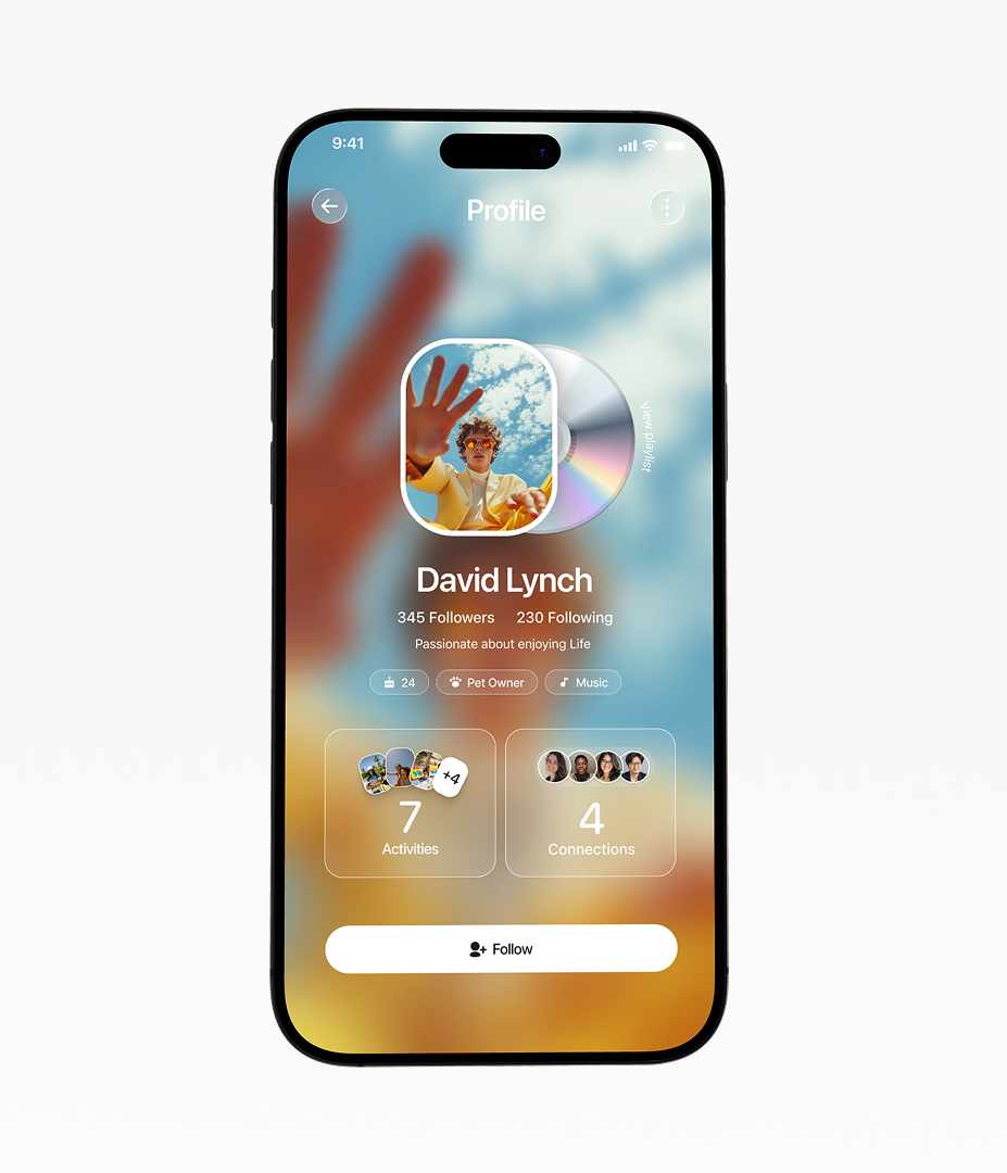 Music profile with a blurred photo background, CD playlist and follow button