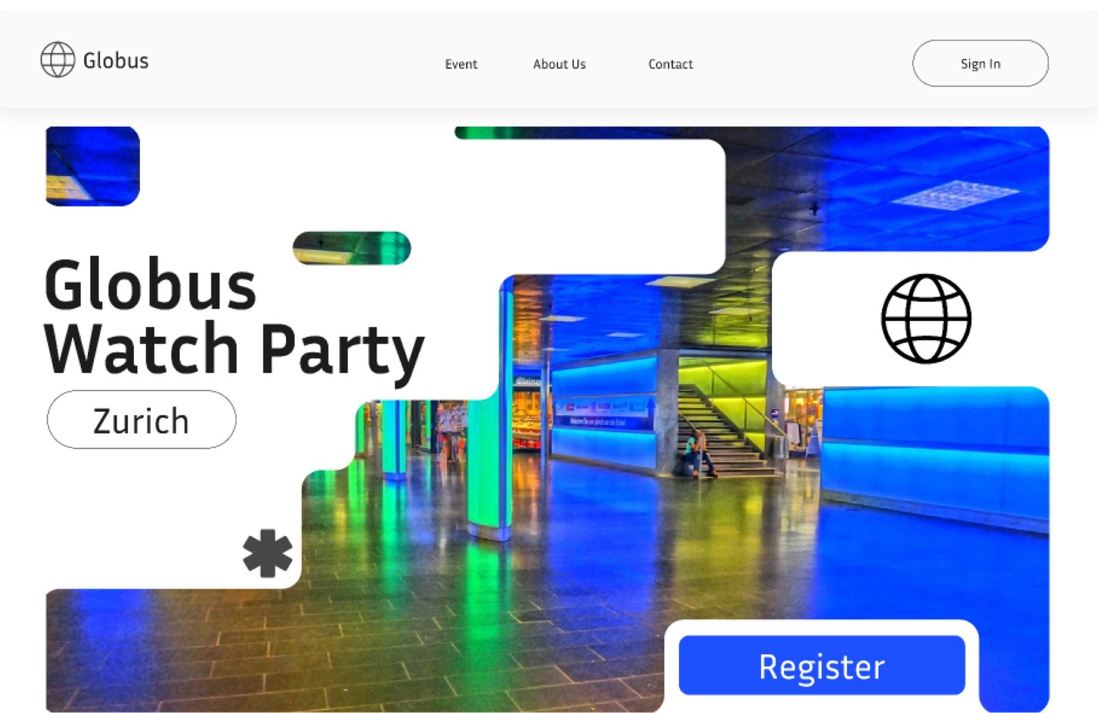 Globus Watch Party landing page: Zurich hero with Register button