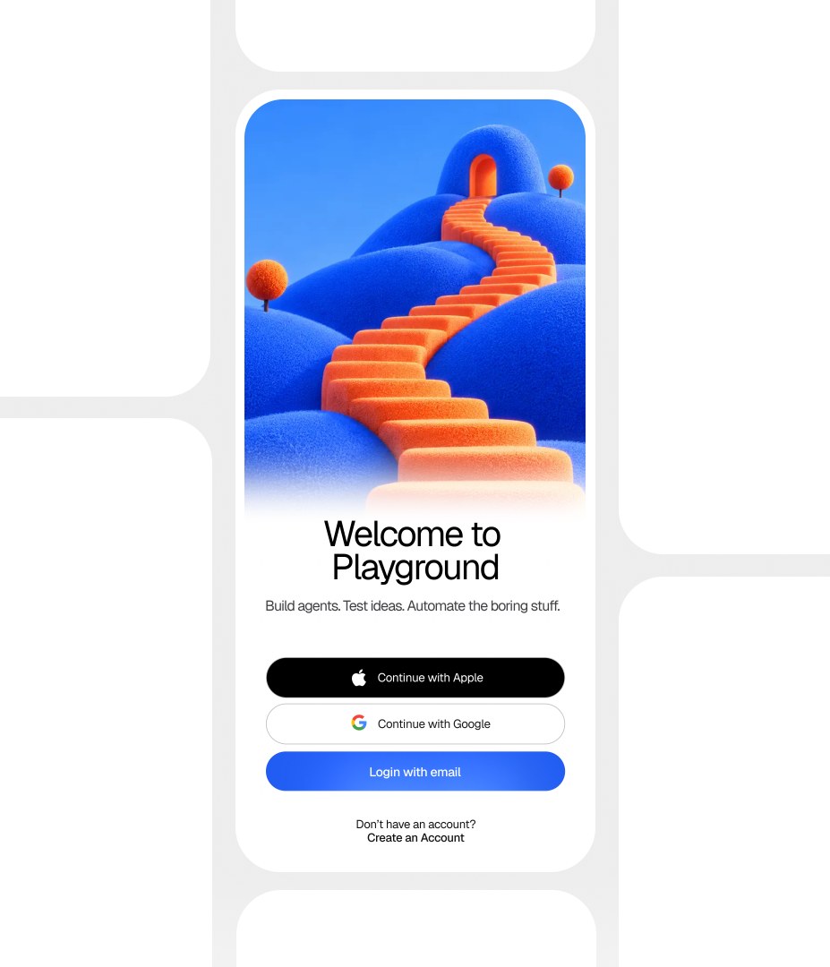 Playground sign-up screen: a winding orange staircase over soft blue hills, with Apple, Google and email sign-in buttons
