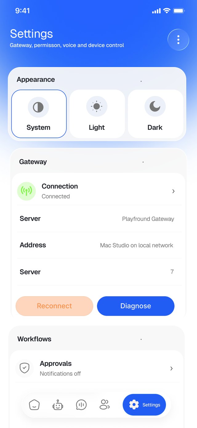 Settings: appearance with System, Light and Dark, gateway connection with Reconnect and Diagnose, and workflow approvals