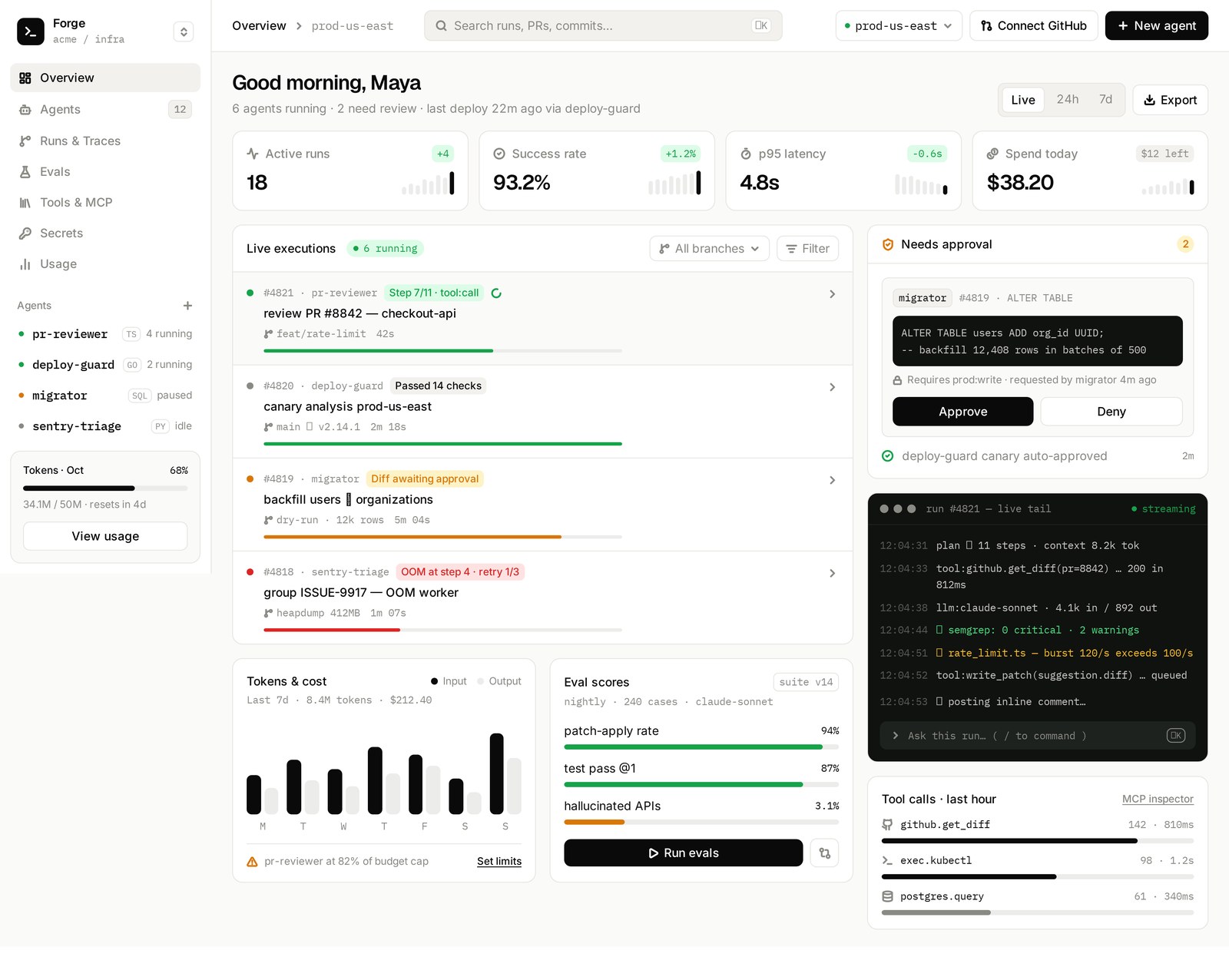 Forge dashboard: KPIs, live executions, approvals and a live run tail