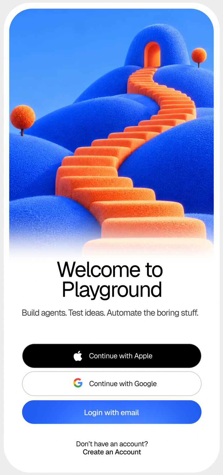 Onboarding screen: a 3D orange staircase over soft blue hills, with Apple, Google and email sign-in