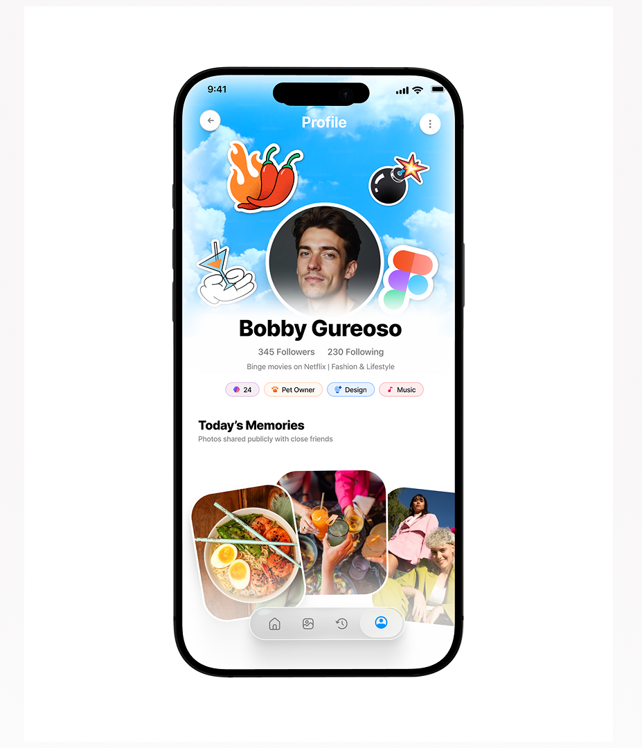 Playful social profile with stickers over a sky background and a photo stack