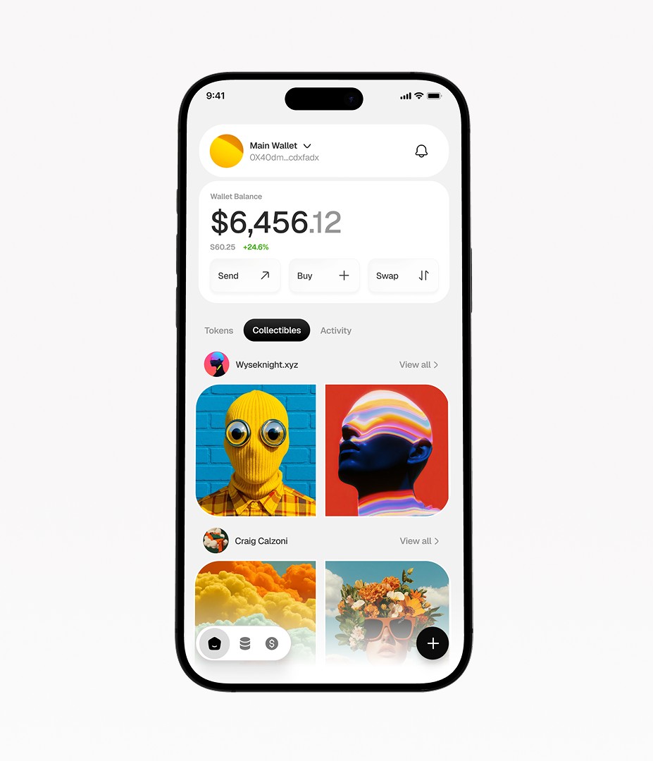 Crypto wallet collectibles tab with a grid of colourful artwork