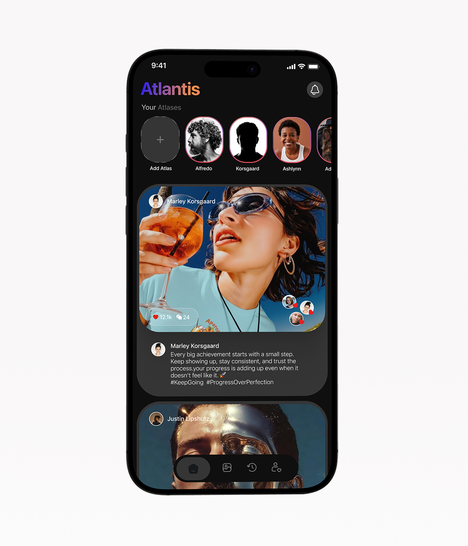 Atlantis social feed in dark mode with stories and photo posts