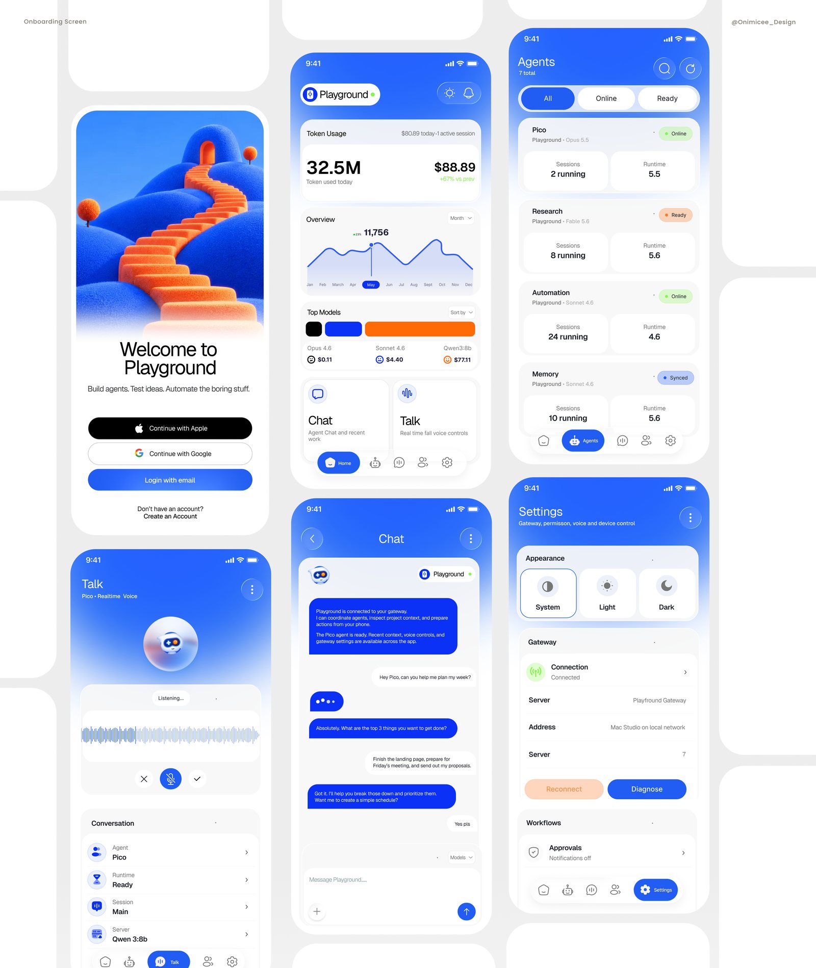 Playground app screens: onboarding, home dashboard and agents list