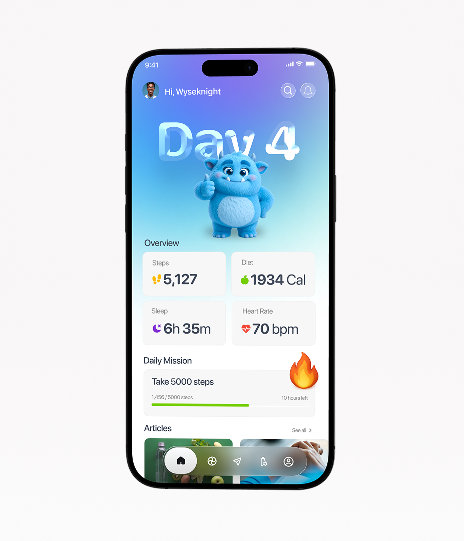 Fitness companion app with a mascot, daily stats and a steps mission