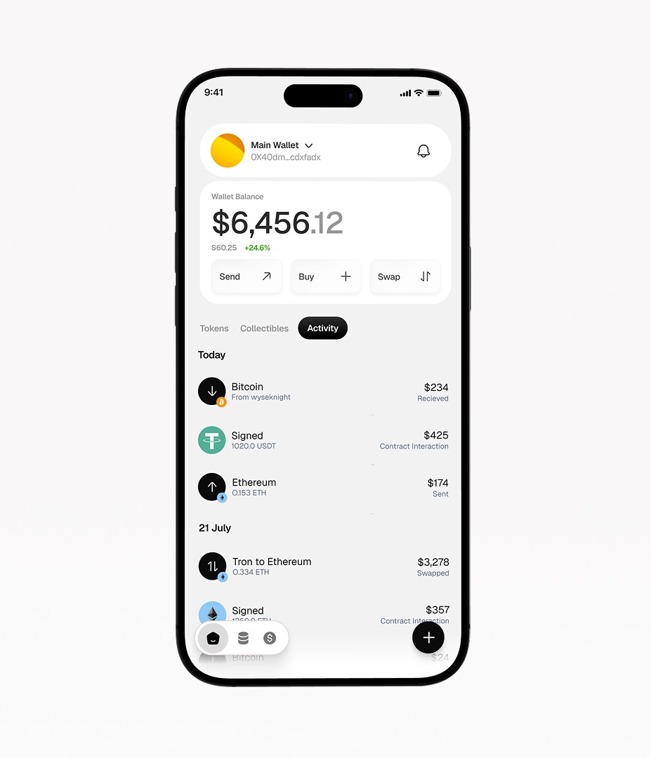 Crypto wallet showing wallet balance, Send, Buy and Swap actions and today's activity