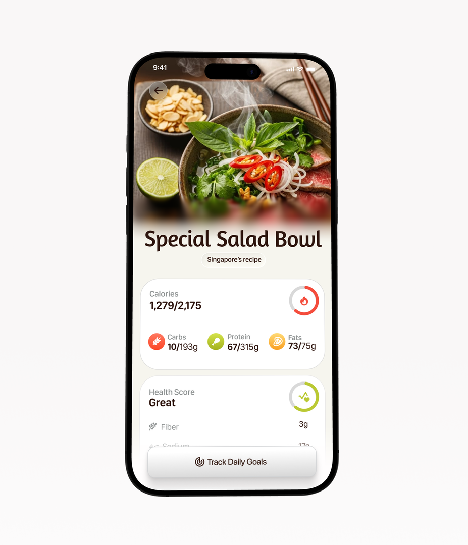 Nutrition tracker recipe screen with calories, macros and a health score