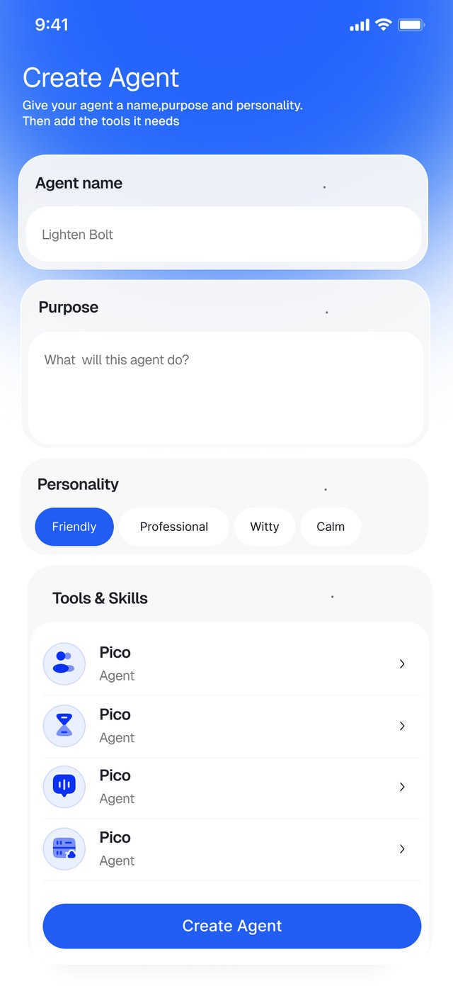 Create Agent form: agent name, purpose, personality chips (Friendly, Professional, Witty, Calm), tools and skills list, and a Create Agent button