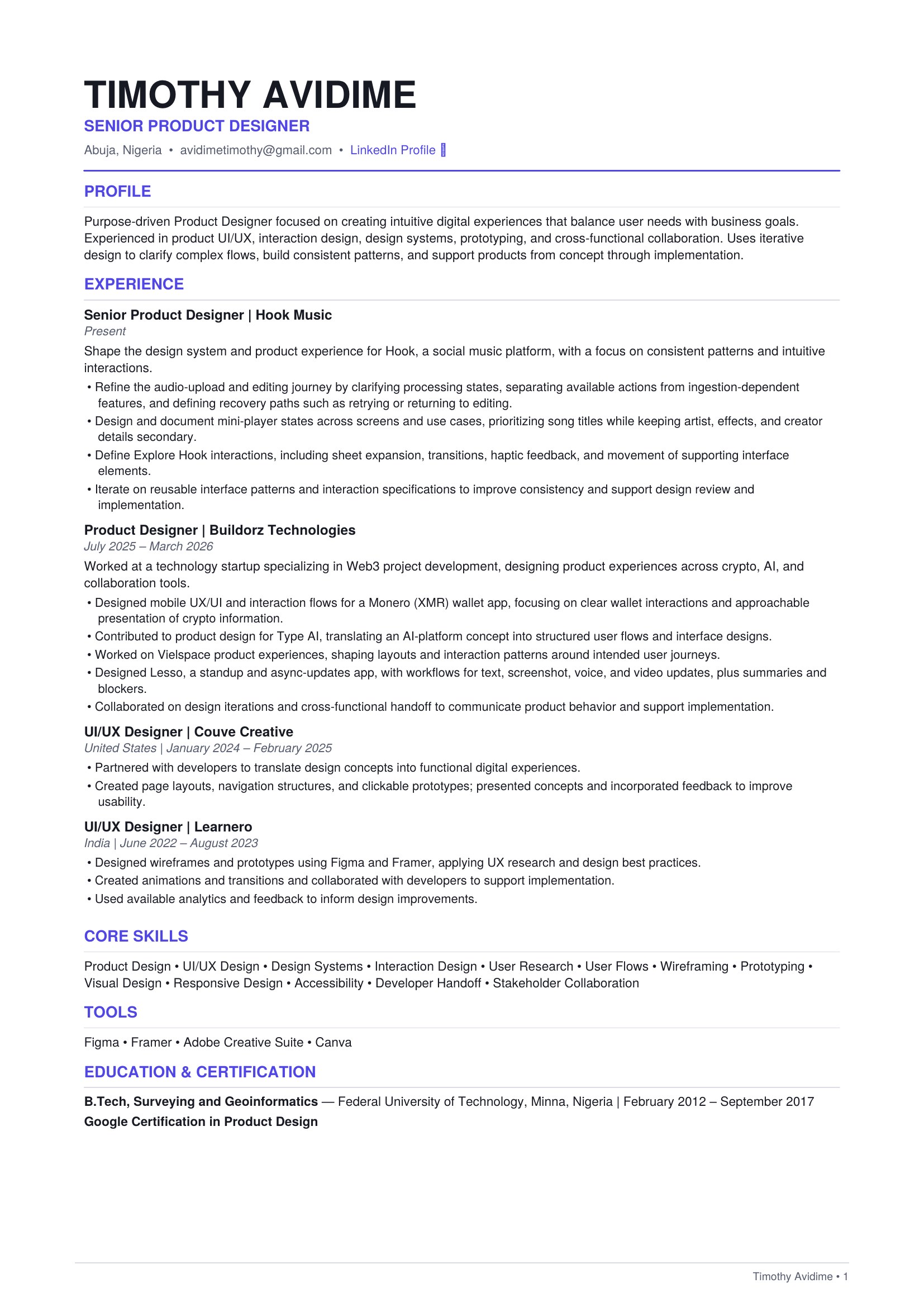 Resume of Timothy Avidime, Senior Product Designer: experience at Hook Music, Buildorz Technologies, Couve Creative and Learnero; core skills, tools and education.