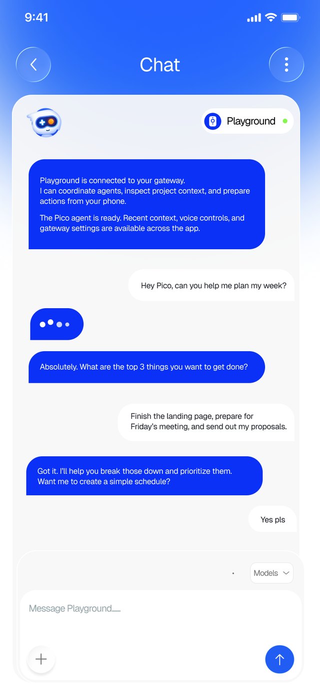 Chat with the Pico agent helping plan the week, with a typing indicator and a model picker above the message box